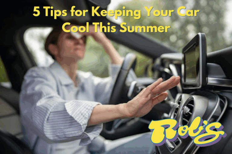 A woman struggles to keep cool inside her car. She is reaching for the AC controls.